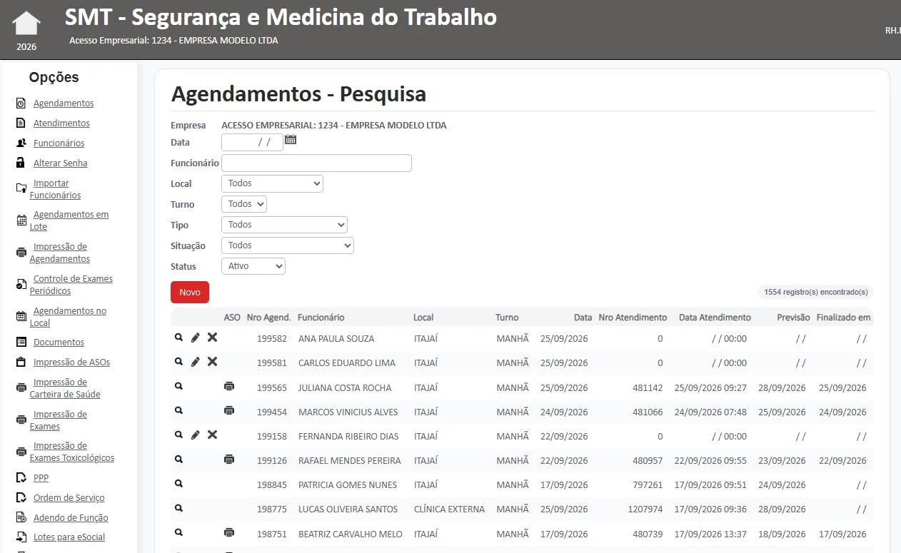 Tela de agendamentos do Acesso Empresarial do Sistema SMT